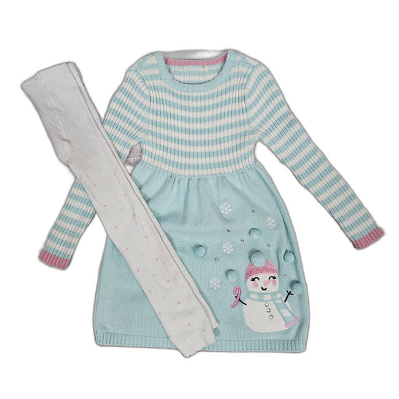 Christmas Snowman Knit Long Sleeve Sweater Dress Blue White and Pink Size S(5/6) - Picture 1 of 9